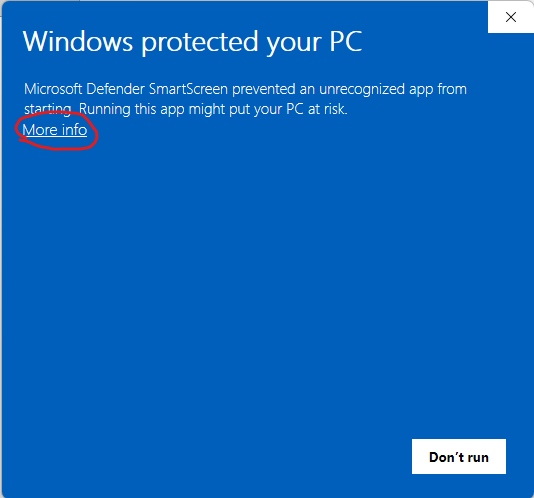 Windows SmartScreen dialog with More info link circled
