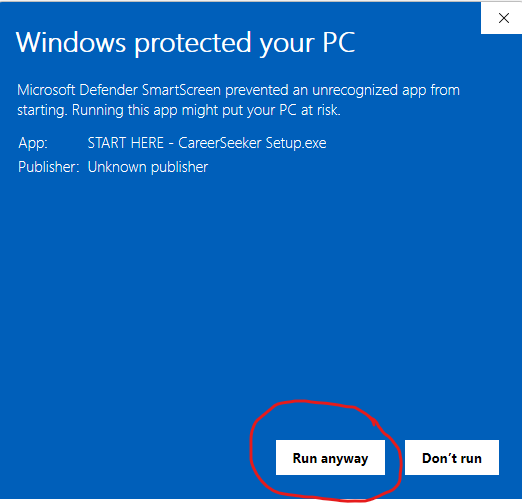 SmartScreen dialog with Run anyway button circled