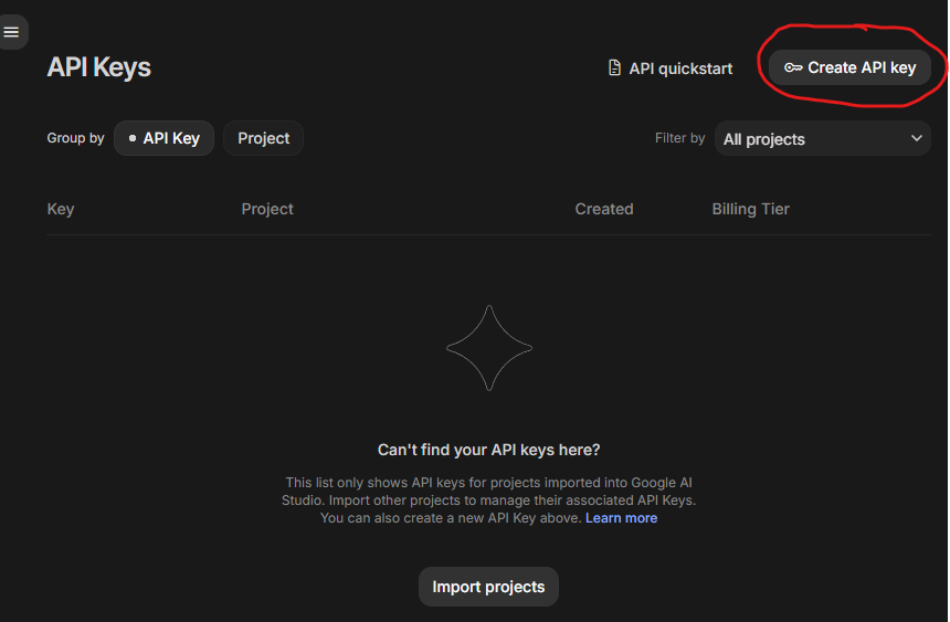 Google AI Studio API Keys page with Create API key circled