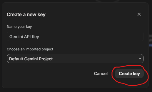 Create a new key dialog with Create key circled