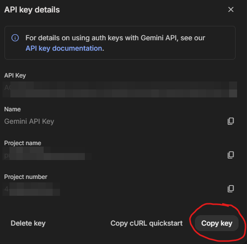 API key details panel, key blurred, Copy key circled
