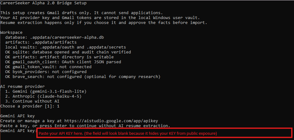 CareerSeeker setup console asking for the Gemini API key